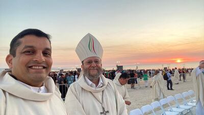 Priests from the UAE with Bishop Paolo Martinelli wait to listen to the papal mass in Lisbon, Portugal. Photo: Apostolic Vicariate of Southern Arabia