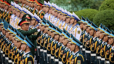 An honour guard prepares for German President Frank-Walter Steinmeier's visit at the Presidential Palace in Hanoi, Vietnam. EPA