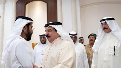 King Hamad offers condolences to Sheikh Tahnoon bin Mohamed. Seen with Sheikh Mohammad Khalid Al Sabah, Deputy Prime Minister and Minister of Interior of Kuwait.