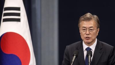 Moon Jae-in, South Korea's president, speaks during a news conference at the presidential Blue House in Seoul, South Korea. Yao Qilinn / Bloomberg