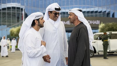 Sheikh Mohamed and Sheikh Hamdan bin Mohammed, Crown Prince of Dubai, Deputy Prime Minister and Minister of Defence, left, with Sheikh Tamim. Wam