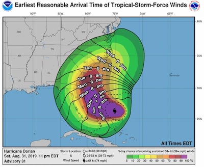 Hurricane Dorian will bring tropical storm-force winds to Florida. Courtesy National Oceanic and Atmospheric Administration