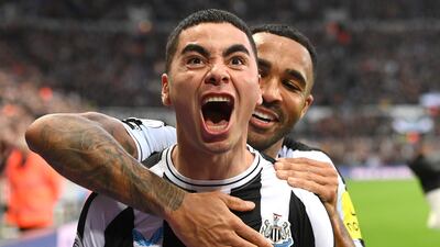 Miguel Almiron celebrates with Callum Wilson after scoring the fourth Newcastle goal in the 4-0 Premier League win against Aston Villa at St James Park on October 29, 2022. Getty