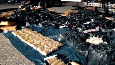 The haul comprised 120kg of hashish and three million Captagon tablets worth Dh23.5 million. Photo: Sharjah Police