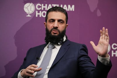 Syrian President Ahmad Al Shara at Chatham House in London on Tuesday. Getty Images