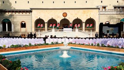 Officials prepare for the oath inauguration ceremony of Afghanistan's President Ashraf Ghani at the Presidential Palace in Kabul. AFP
