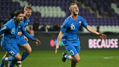 Albert Gudmundsson celebrates scoring Iceland's equalising goal against Israel. AFP
