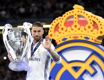 Sergio Ramos celebrates after Real Madrid defeated Juventus to win the 2017 Champions League final in Cardiff, one of four European Cups he lifted with Los Blancos. EPA
