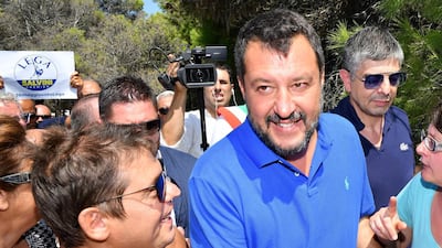 Italy's Interior minister and deputy prime minister Matteo Salvini is surrounded in Policoro, southern Italy, on August 10, 2019. AFP