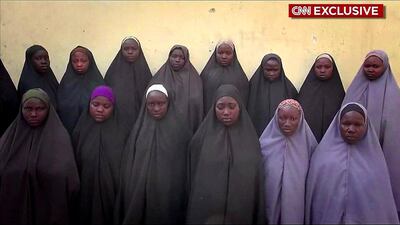 This video grab made on April 14, 2016 from a video obtained via a CNN footage shows 15 of the more than 200 schoolgirls abducted by Boko Haram from Chibok, Nigeria two years ago. AFP / Courtesy CNN