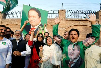 Supporters of former Prime Minister Nawaz Sharif react as they celebrate following the court's decision in Peshawar, Pakistan. Reuters