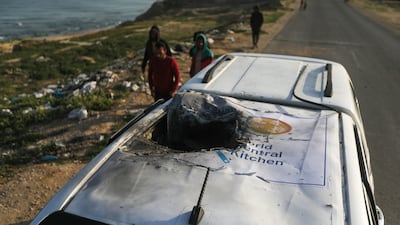 A damaged vehicle where employees from the World Central Kitchen, including foreigners, were killed in an Israeli airstrike. AP