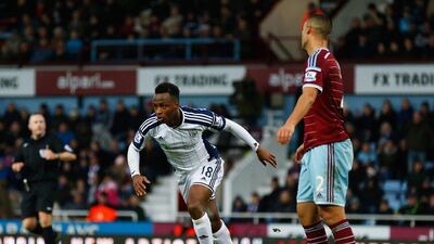 Saido Berahino of West Bromwich Albion celebrates scoring against West Ham United in his side's Premier League draw on Thursday at Upton Park. Steve Bardens / Getty Images / January 1, 2015