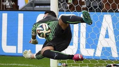 Switzerland’s goalkeeper Diego Benaglio saves a penalty shot by France’s forward Karim Benzema during a Group E football match between Switzerland and France at the Fonte Nova Arena in Salvador during the 2014 Fifa World Cup. Fabrice Coffrini / AFP