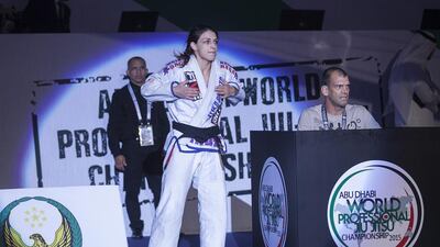 Mackenzie Dern of the US enteres the arena for her open weight brown/black final against Vanessa Do Nascimento of Brazil on Saturday at the Abu Dhabi World Professional Jiu-Jitsu Championship. Mona Al Marzooqi / The National