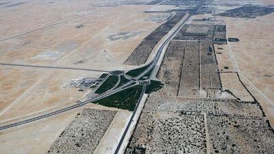 An aerial photograph of green and desert in Liwa, where tourism development projects are planned.