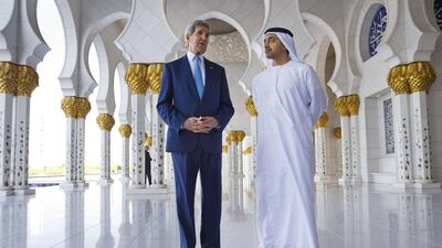 John Kerry with Sheikh Abdullah bin Zayed at the Grand Mosque. Jacquelyn Martin / AP Photo