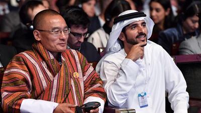 Sheikh Hamdan bin Mohammed, Crown Prince of Dubai, sits with Tshering Tobgay, prime minister of Bhutan, at the World Government Summit in Dubai. Wam