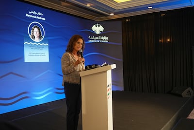 Lebanon’s Tourism Minister Laura Khazen Lahoud delivers a keynote address during the Syria Travel Show in Damascus. Ahmad Fallaha / The National