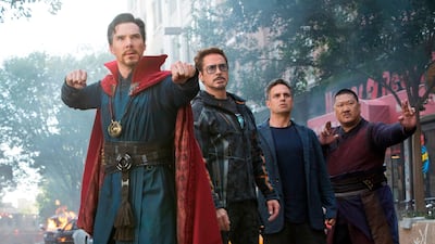 1) Benedict Cumberbatch, Robert Downey Jr, Mark Ruffalo and Benedict Wong in a scene from Avengers: Infinity War. The film has become the fastest movie to gross over $1 billion after crossing the milestone in 11 days. Marvel Studios via AP
