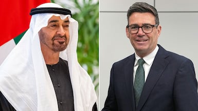 President Sheikh Mohamed and Andy Burnham. Photo: UAE Presidential Court / Getty Images