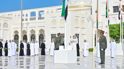 Sheikh Mansour bin Zayed, Deputy Prime Minister and Minister of the Presidential Court, raises the UAE flag at Abu Dhabi’s Qasr Al Watan. Wam