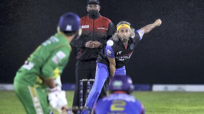South Africa bowler Imran Tahir playing club cricket in the UAE for Interglobe Marine against Vision Shipping. Chris Whiteoak / The National