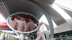 Emirates airline is advertised outside Terminal 3 at Dubai International Airport. Reuters