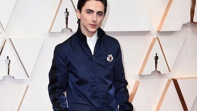 Timothee Chalamet, wearing Prada, arrives at the Oscars on Sunday, February 9, 2020, at the Dolby Theatre in Los Angeles. AP