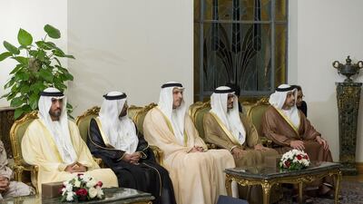 The UAE delegation included Sheikh Abdullah bin Zayed Al Nahyan, UAE Minister of Foreign Affairs and International Cooperation, fifth left, Ali Mohamed Hammad Al Shamsi, Deputy Secretary-General of the UAE Supreme National Security Council, fourth left, Khaldoon Khalifa Al Mubarak, chief executive and managing director Mubadala and Chairman of the Abu Dhabi Executive Affairs Authority, third left, Mohamed Nakhira Al Dhaheri, the UAE Ambassador to Egypt, second left, and Mohamed Mubarak Al Mazrouei, Undersecretary of the Crown Prince Court of Abu Dhabi, left. Rashed Al Mansoori — Crown Prince Court — Abu Dhabi