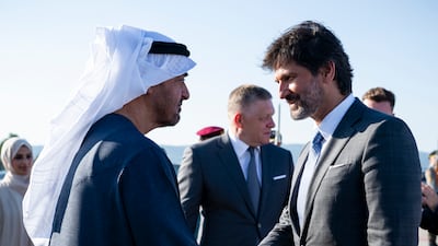 Sheikh Mohamed shakes hands with Slovak Defence Minister Robert Kaliniac before his departure from M R Stefanik Airport