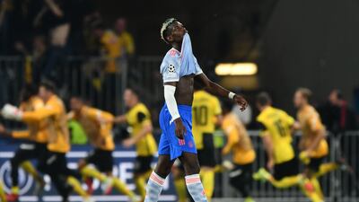 Paul Pogba reacts during Manchester United's 2-1 defeat to Young Boys in Bern in the Champions League group stages in 2021. AFP