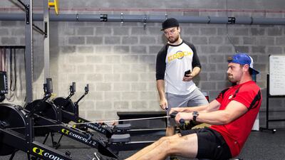 Stephen Hamilton, the Abu Dhabi Saracens centre, trains ahead of the new season at Arena Fitness gym in Abu Dhabi. Reem Mohammed / The National
