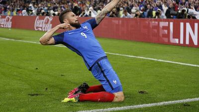 Olivier Giroud celebrates after scoring their fifth goal. Darren Staples / Reuters