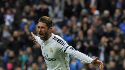 Real Madrid's Sergio Ramos celebrates after scoring against Real Sociedad in his side's 4-1 La Liga victory on Saturday. Curto de la Torre / AFP / January 31, 2015