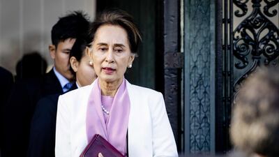 epa08064831 Myanmar State Counselor Aung San Suu Kyi (C) departs on the last day of the genocide case against Myanmar at the Peace Palace in The Hague, The Netherlands, 12 December 2019. Myanmar State Counselor Aung San Suu Kyi defended her country at the International Court of Justice against accusations of genocide filed by The Gambia, following the 2017 Myanmar military crackdown on the Rohingya Muslim minority. EPA/SEM VAN DER WAL