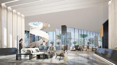 The lobby area. The hotels – occupying the first nine floors of each tower, including five floors of guestrooms and suites – will both feature an all-day restaurant, speciality restaurants, a luxury spa, health and fitness centre and a unique lobby-level indoor garden with floor to ceiling glass doors that will open onto a vast terrace during winter. Courtesy Nakheel
