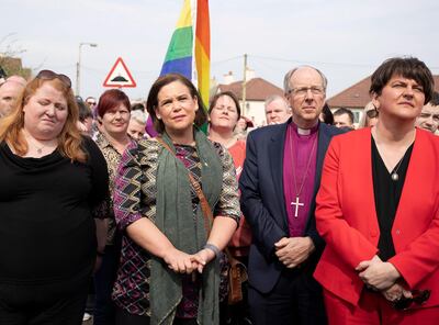 Left to right: leader of the Alliance Party of Northern Ireland Naomi Long, Sinn Fein leader Mary Lou McDonald and DUP leader Arlene Foster speak to the media. EPA