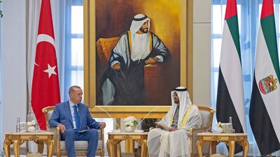 President Sheikh Mohamed holds talks with Turkey's President Recep Tayyip Erdogan in Abu Dhabi on Wednesday. AFP