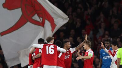 Arsenal player celebrate Xhaka's goal. AP
