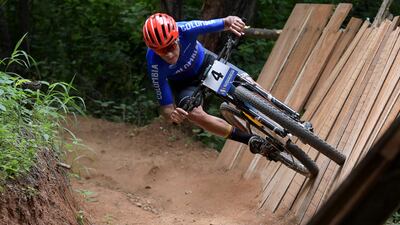 Colombian Nelson Pena during a silver medal-winning ride at the XIX Bolivarian Games mountain bike men's final in Valledupar, Cesar department, Colombia. AFP
