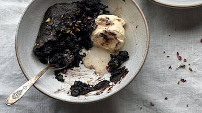 Cardamom date brownie by food blogger Majed Ali combines mashed medjool dates, cardamom, coffee, cocoa powder, pistachio, rose petals and a chocolate brownie mix.