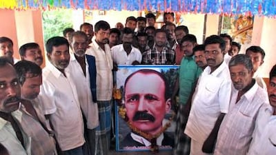 Villagers in Pallar Patti with a portrait of John Pennycuick.