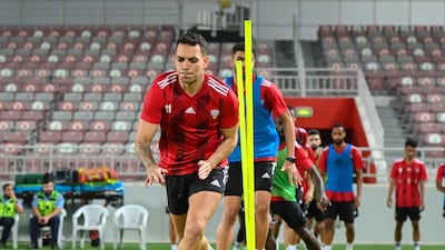 UAE forward Caio Canedo trains at the Abdullah bin Khalifa Stadium in Doha ahead of the national team's 2022 World Cup play-off against Australia on Tuesday. Photo: UAE FA