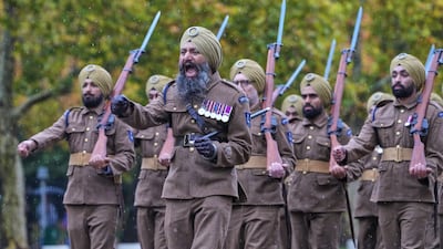 Soldiers wearing First World War Sikh infantry uniforms and carrying period equipment launch the British military's 1914 Sikhs ceremonial marching troop at Wellington Barracks in London. The troop is dedicated to honouring the Sikh soldiers who served in the First World War and beyond. AP