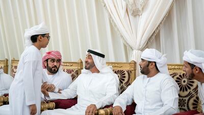 Sheikh Mohamed bin Zayed offers condolences to the family of martyr Warrant Officer Zayed Mosalam Suhail Al Amri. Mohamed Al Hammadi / Ministry of Presidential Affairs