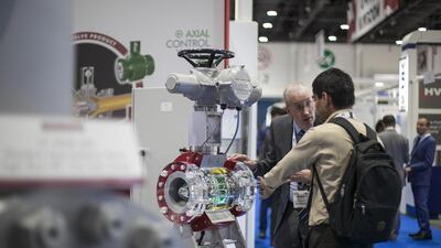 Goodwin International, a valve compani, displays its wares at its Adipec stand. Mona Al Marzooqi / The National
