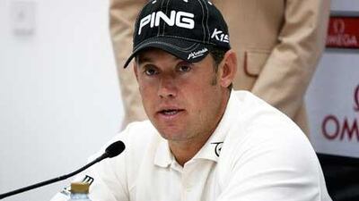 Lee Westwood talks to the media.