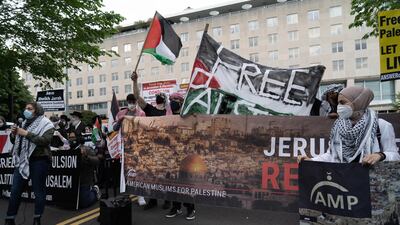 Palestinian supporters demonstrate at a gathering outside the US State Department in Washington on May 11, 2021. Willy Lowry / The National