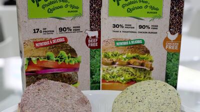 Chicken and beef-flavoured plant burgers made with pea extract, quinoa and kale at the Healthy Farm stand at Gulfood 2020. Pawan Singh / The National